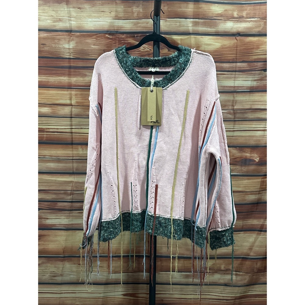 POL Pink Boho Fringe Oversized Knit Sweater Multi Color Striped Small NEW